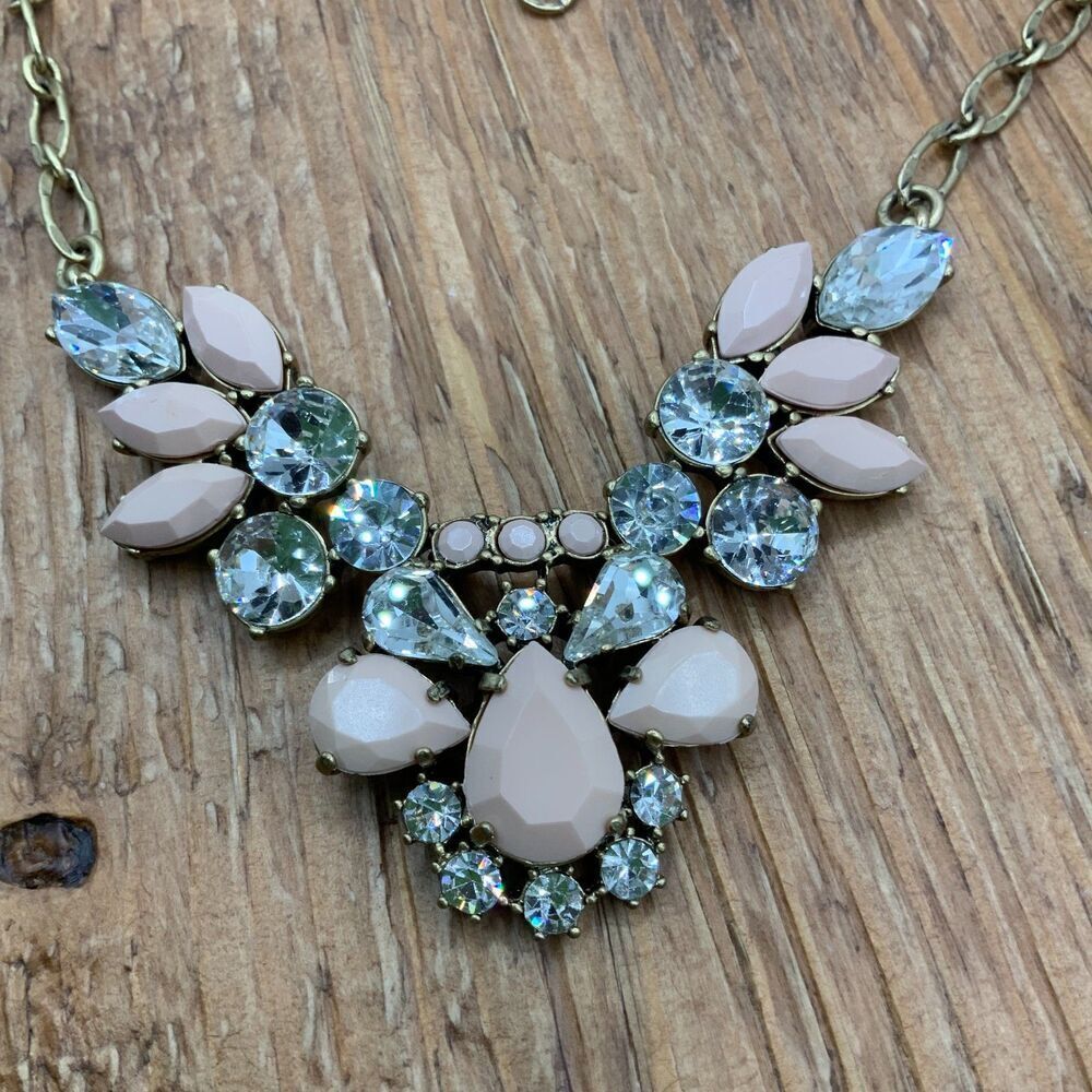 J. Crew Blush Pink Petal Rhinestone Gold Tone Necklace
